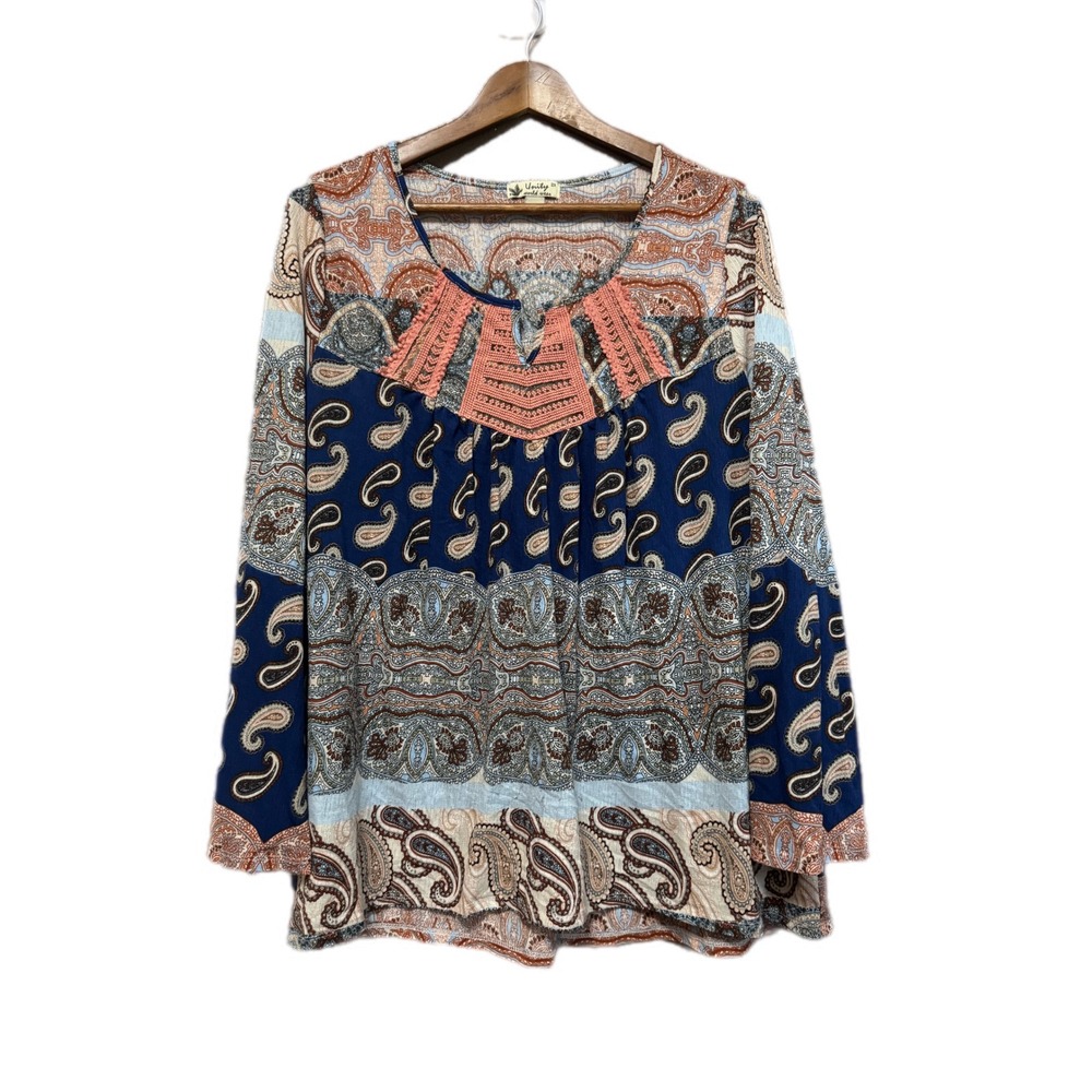 Unity World Wear Paisley Blouse Womens 2X Blue Rust Excellent Crochet Boho Top